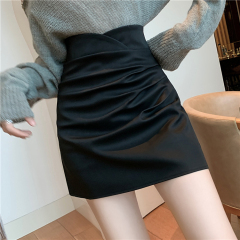 Designed women's high-waist versatile pleated slimming skirt irregular A-line PU leather skirt