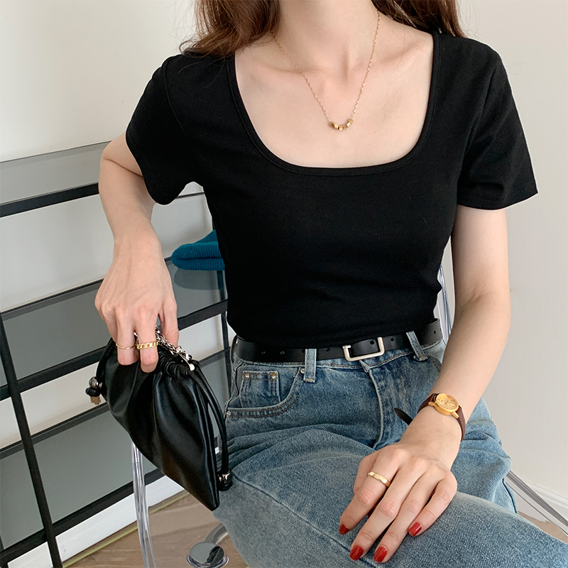 Square neck T-shirt women's summer thin new Korean style casual student exposed collarbone slim short-sleeved top