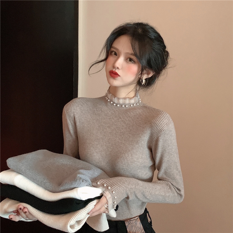 Chic slim fit design lace stitching pearl half turtleneck bottoming sweater
