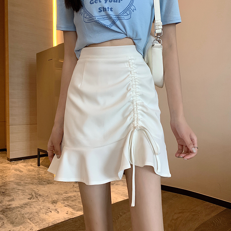 White hot girl fishtail skirt summer style lined drawstring ruffle skirt