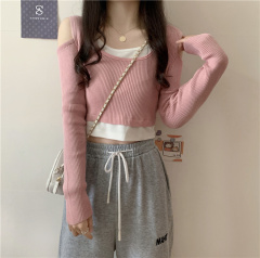 Actual price and real shot~New Korean version of the careful shoulder solid color versatile fake two-piece short T-shirt