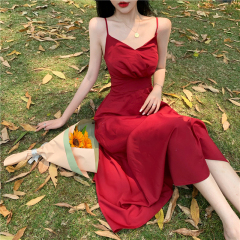 Actual shot ~ real price Retro V-neck suspender little red dress satin holiday style dress