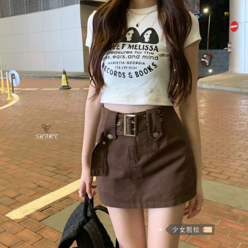 American retro coffee-colored denim skirt for women in summer high-waisted hottie overalls with hip-covering A-line miniskirts