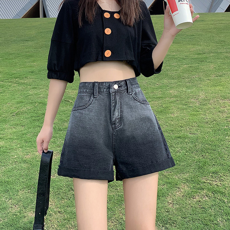#curling black denim shorts new summer design niche contrasting gradient a-line wide-leg hot pants