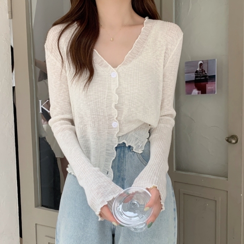 Korean style v-neck fungus-edged slub sunscreen sweet knitted long-sleeved cardigan top