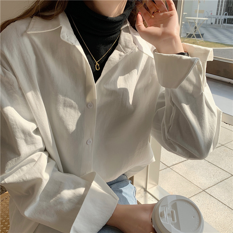 Real shot of large size autumn new solid color versatile single-breasted long-sleeved shirt for women 5-color base shirt