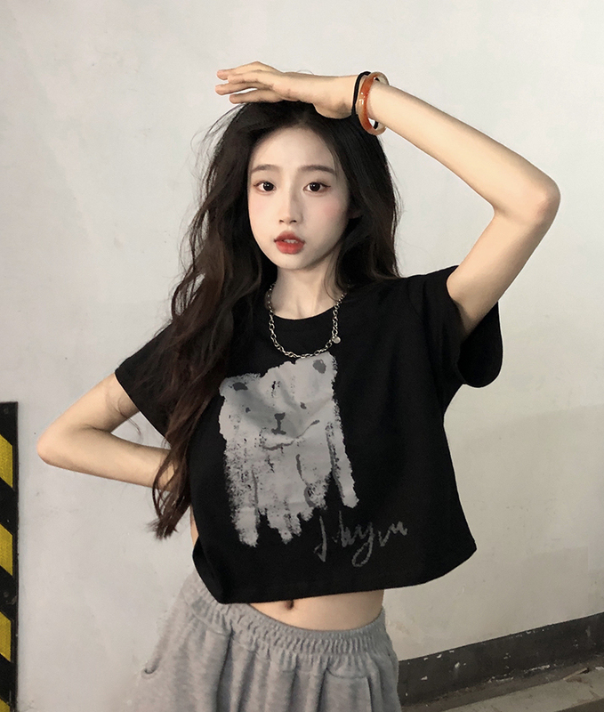 Real price!  Pure cotton right shoulder short sleeve T-shirt sweet and cool style bear top