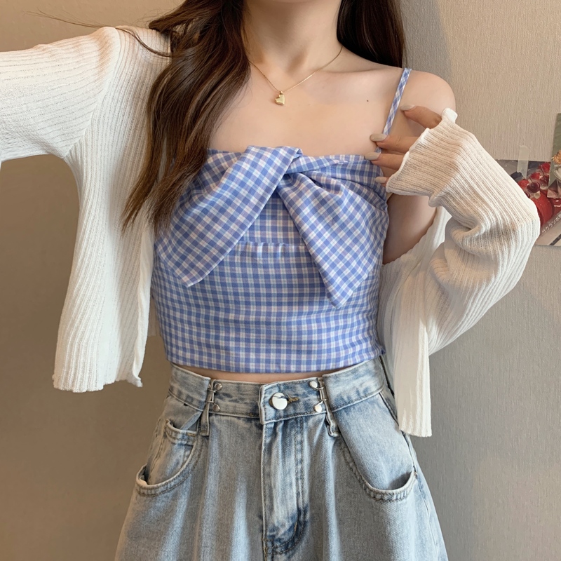Real-price new Korean style bow plaid suspender top hollow breathable knitted cardigan