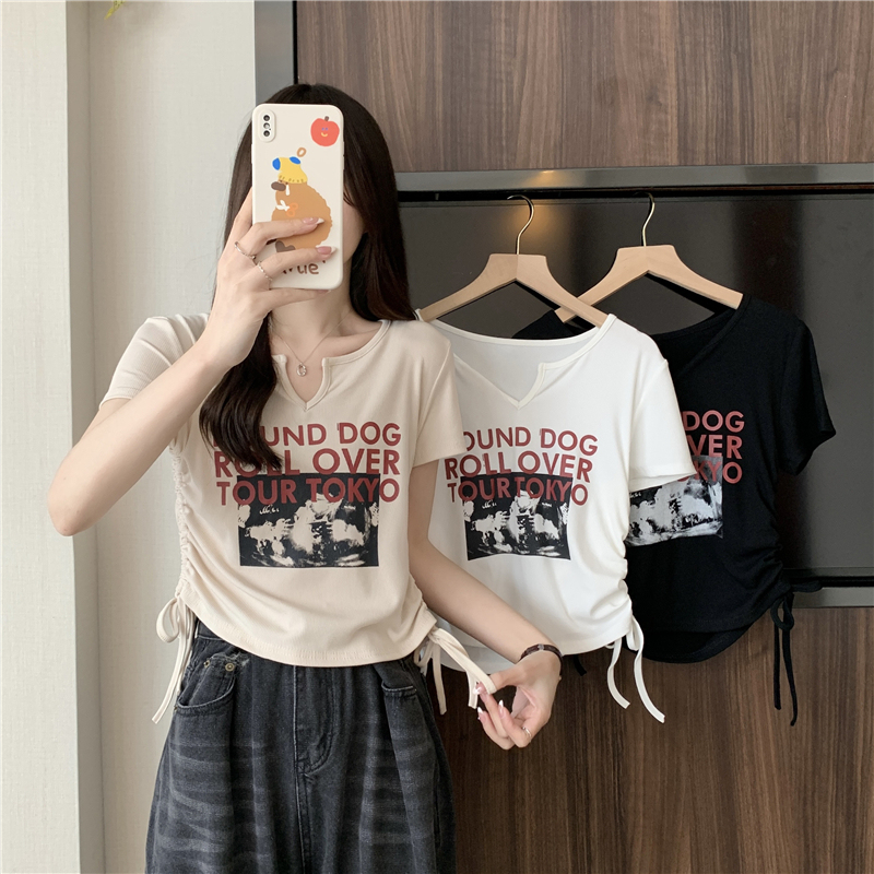 Large size V-neck monogram print drawstring short-sleeved T-shirt