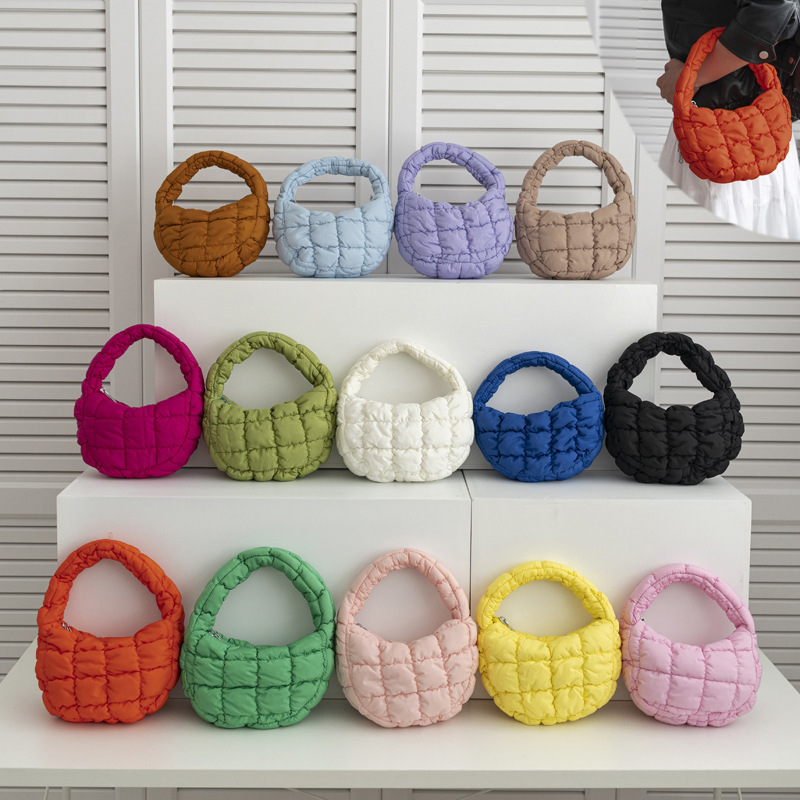 Korean pleated cloud bag plaid down cotton filled handbag 2024 new casual fashion mini handbag