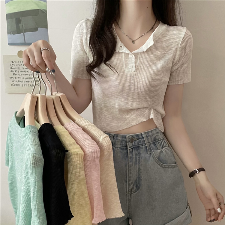 Summer new simple V-neck sheer sunscreen short knitted T-shirt