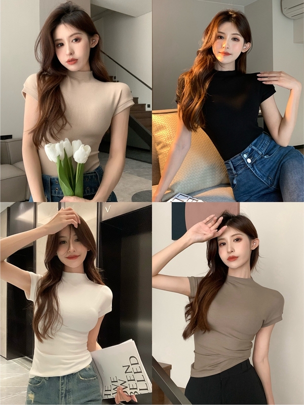 Real shot of summer pure lust style threaded cotton slim fit half turtleneck short-sleeved T-shirt ins breast-revealing bottoming top