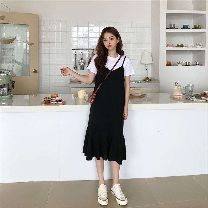 Real shot 2024 summer Korean style camisole pure black fishtail skirt mid-length skirt for female students