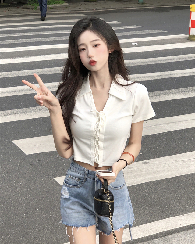 Actual shot of Sweet and Spicy Pure Desire Pure Cotton Short Top Designed Drawstring Niche Slimming Polo Neck Short Sleeve T-Shirt