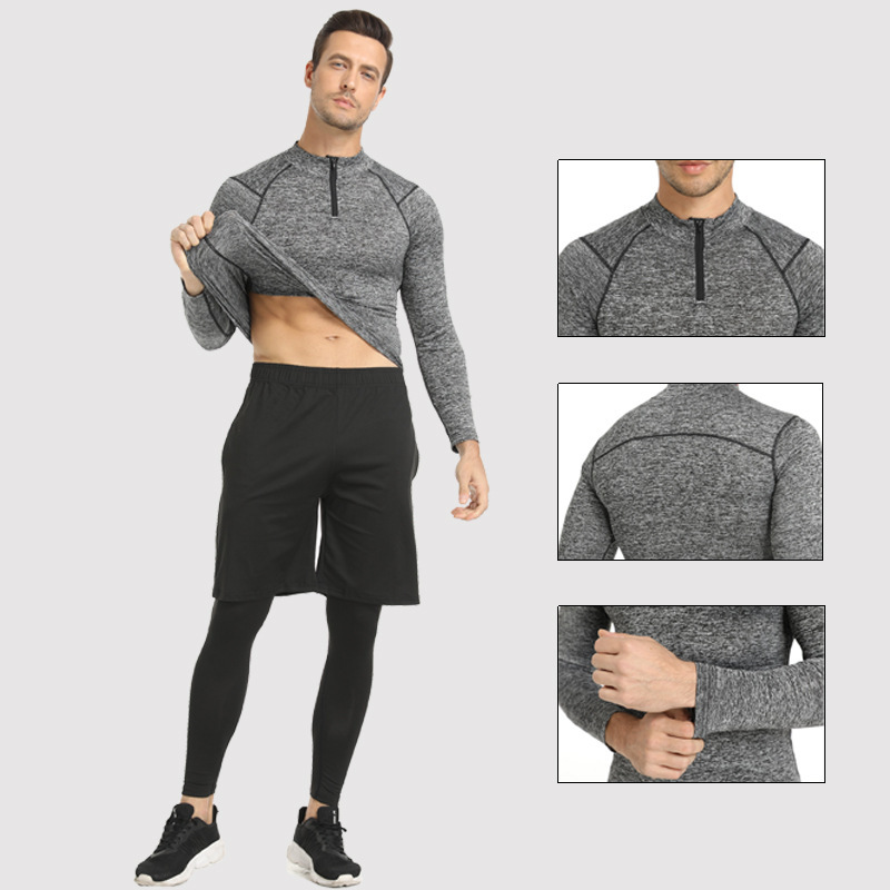 Autumn and winter men's sports sweatshirts, long-sleeved running fitness training clothes, high-elastic tight zipper quick-drying stand-up collar clothes