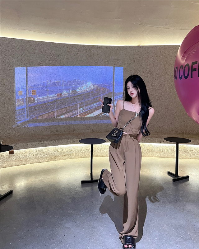 Real shot!  Fashion suit single-breasted camisole women's high-waist slim straight floor-length casual pants