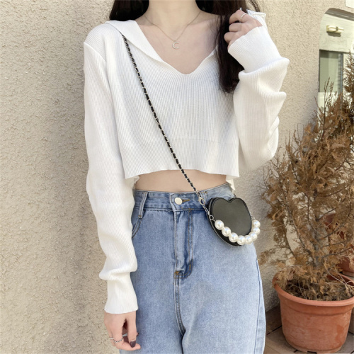 V-neck design niche sweater short top autumn high waist exposed navel bm long sleeve t-shirt for women