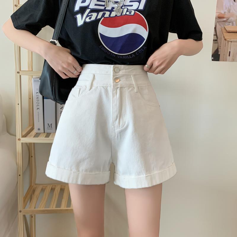 Actual shot of 2024 summer new high-waisted slimming curled denim shorts