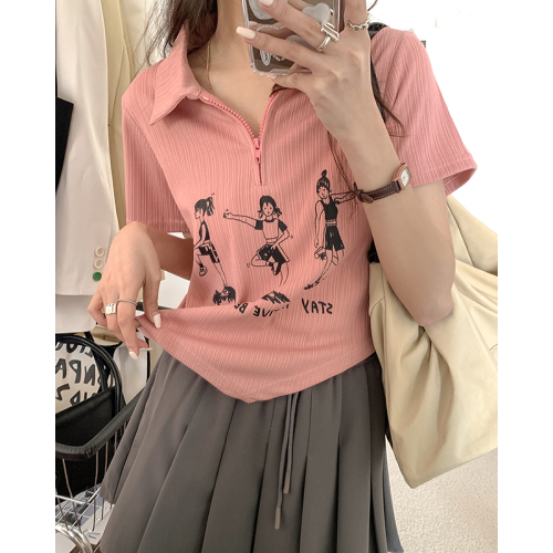 [] Printed irregular design polo collar textured short-sleeved T-shirt women's slim summer zipper top