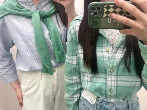 Original fabric green cotton plaid shirt for women layered bottoming top loose slimming shirt