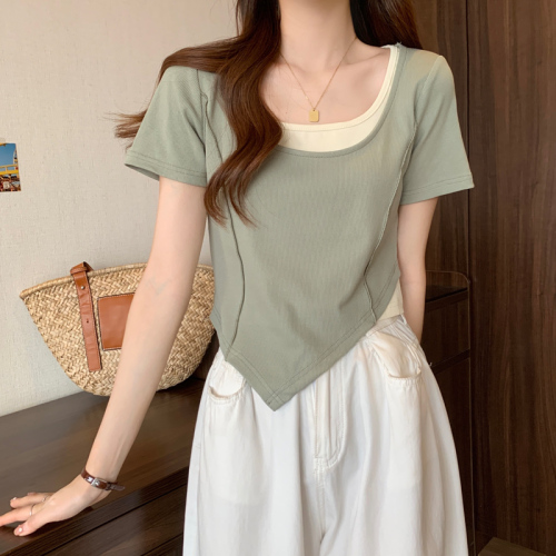 Large size pure desire short niche short-sleeved T-shirt women's summer irregular new design fake two-piece square collar top