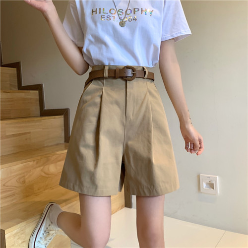 Real shot of khaki casual trousers for women, summer wide-leg suit shorts, small high-waisted A-line medium pants + belt