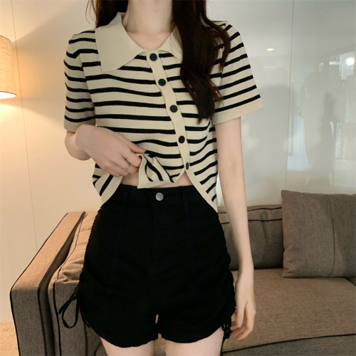 Real shot of summer Korean style right shoulder polo collar striped design knitted cardigan short-sleeved top