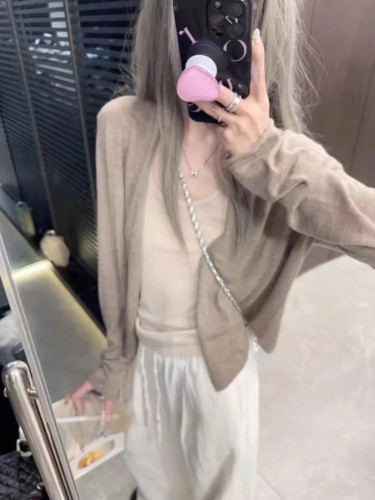 Korean girly knitted cardigan for women summer thin air-conditioning shirt versatile solid color basic ice silk sun protection jacket