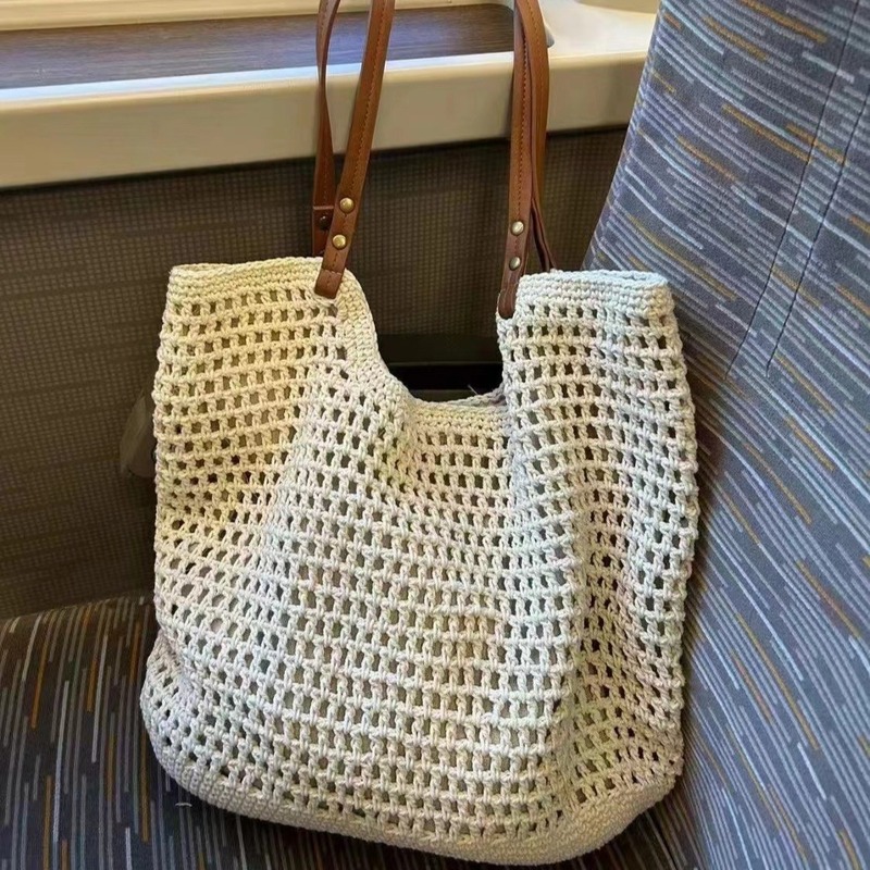 Casual large-capacity single-shoulder cotton woven bag new hollow mesh tote bag seaside vacation beach bag women's bag
