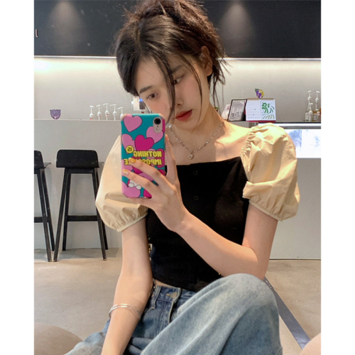 French retro square collar exposed collarbone sweet hot girl summer new slim design short-sleeved shirt short top for women