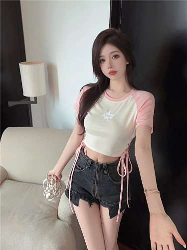 [Real shot] Pure lust style hottie strappy short-sleeved T-shirt women's summer slimming and sexy navel-baring short top ins