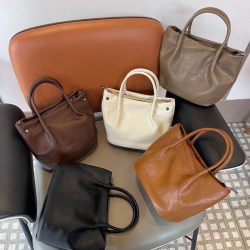 New homemade Korean style women's bag niche retro texture oil wax leather handbag coffee color bucket bag single shoulder crossbody bag