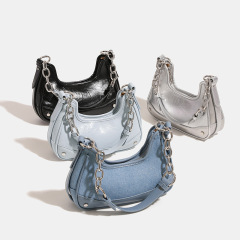 Charming magnetic field niche chain denim armpit bag 2024 new high-end hot girl style silver shoulder crossbody bag