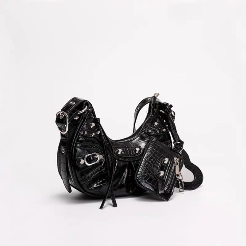 Women's bags 2024 new motorcycle bag armpit bag hot girl bag rivet tassel three-in-one pleated bag single shoulder crossbody bag