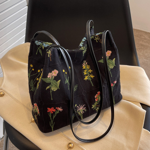 Large-capacity embroidered tote bag for women 2024 spring and summer new niche canvas embroidered shoulder bag commuter bucket bag