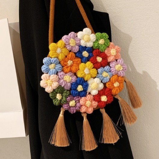 Ethnic style tassel bag for women 2024 new fashion trend flower round bag foreign style versatile shoulder crossbody bag