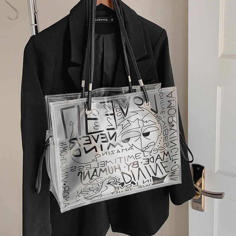 Summer bag women's large capacity new niche graffiti shoulder bag fashionable texture transparent jelly tote bag