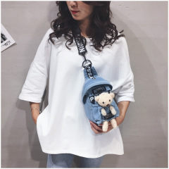 Japanese small bag new cartoon lamb bear cow canvas bag cute female chest bag denim crossbody shoulder bag