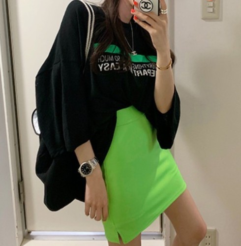 Anti-exposure fluorescent green slim fit high-waist tight hip-hugging skirt short skirt 3 colors