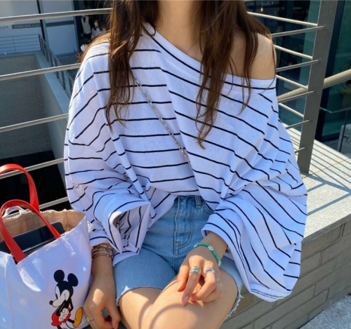 Original Versatile Large Round Neck Horizontal Stripes Drop Shoulder Loose Long Sleeve T-Shirt