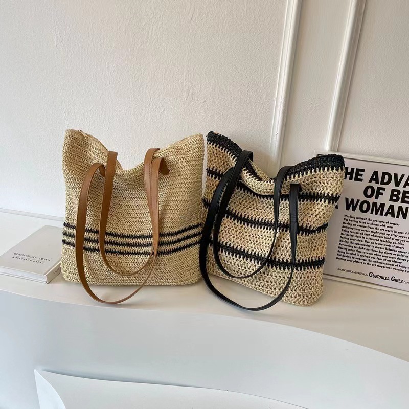 Large-capacity mother's grocery shopping handbag, multifunctional woven bag, handmade straw bag