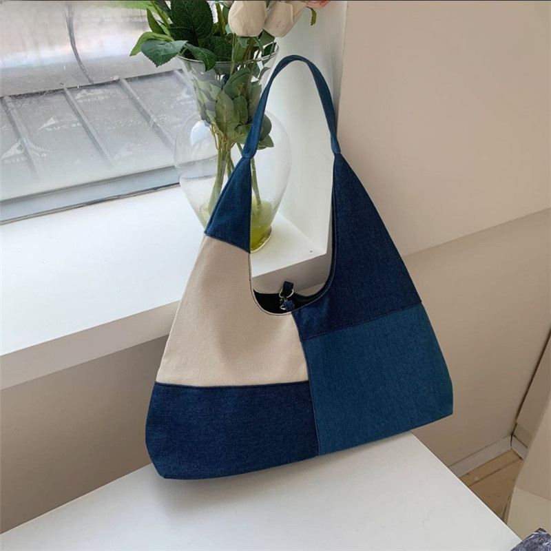 Niche design autumn and winter large capacity contrast color bag splicing denim bag fashionable casual tote bag single shoulder canvas bag for women