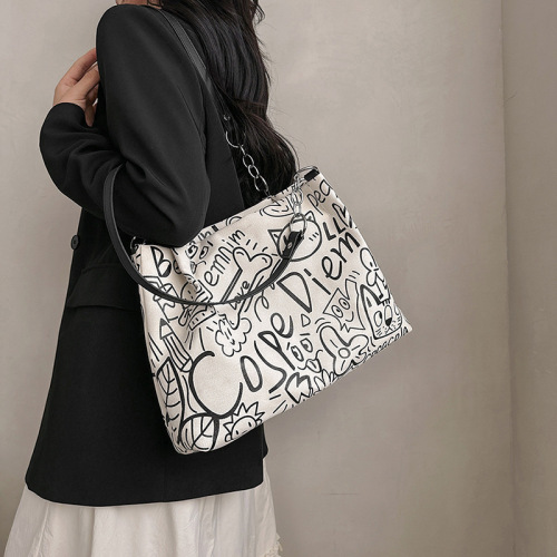 Canvas bag for women 2024 spring and summer new Korean style graffiti women's shoulder bag large capacity commuter tote bag