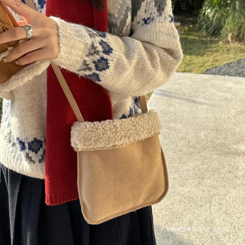 Maillard lamb wool mobile phone bag niche Korean version retro simple imitation suede autumn and winter soft shoulder crossbody small bag