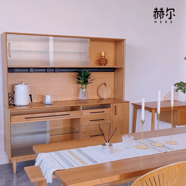 Nordic solid wood sideboard integrated wall wine cabinet cherry wood high cabinet small apartment Japanese style retro tea cabinet