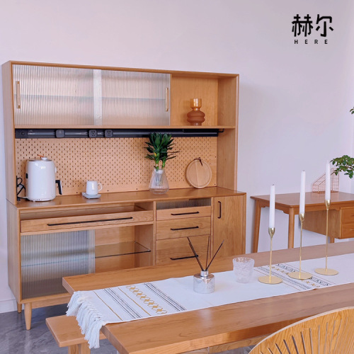 Nordic solid wood sideboard integrated wall wine cabinet cherry wood high cabinet small apartment Japanese style retro tea cabinet