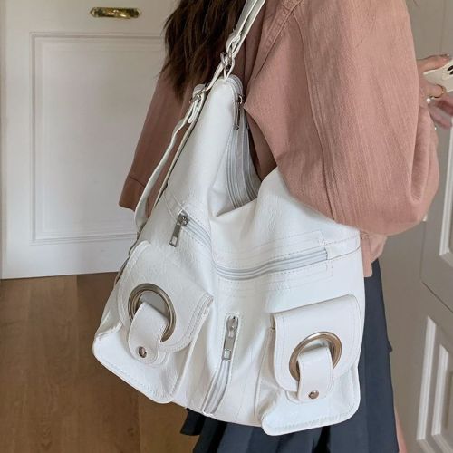 Korean style simple and personalized versatile and fashionable zipper pocket PU leather tote bag shoulder bag commuting large capacity backpack