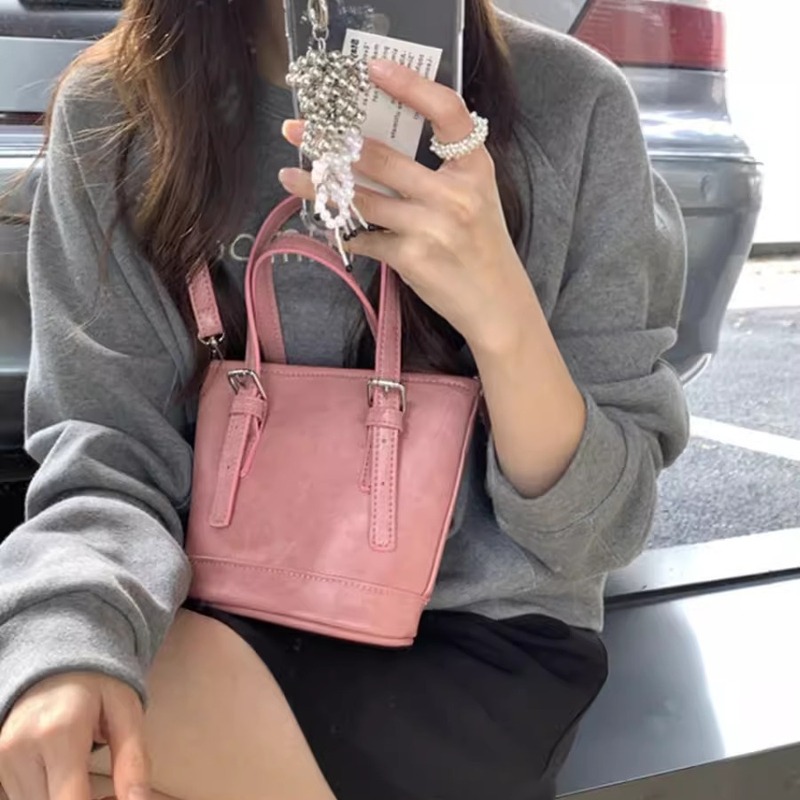 Niche homemade bags for women new spring style casual versatile pink portable shoulder crossbody bag small bucket bag