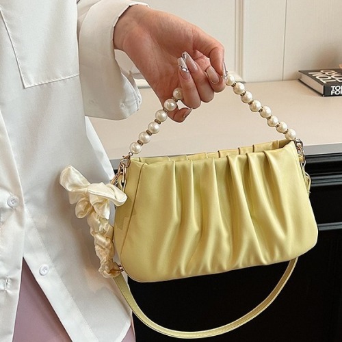 Light luxury ribbon armpit handbag 2024 new Korean style niche pleated shoulder bag for women fresh temperament beaded bag