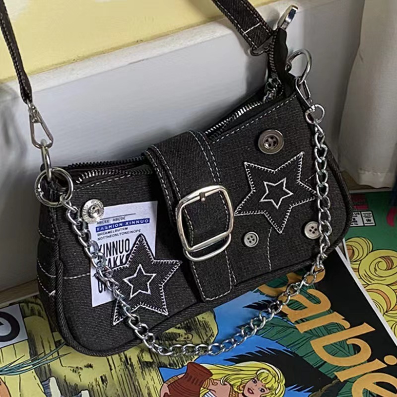 Star denim armpit bag new fashion trend niche design crescent bag canvas handbag chain bag wholesale